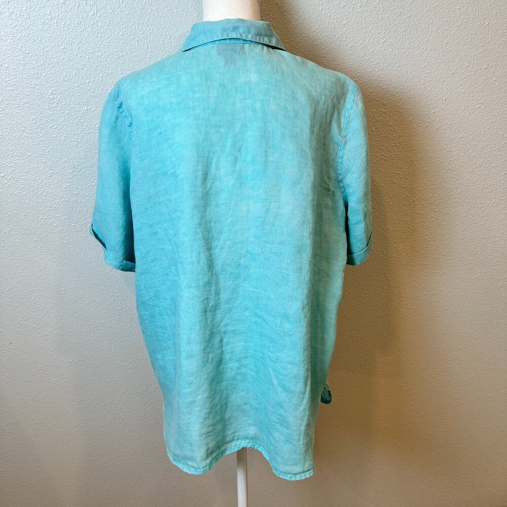 J. Jill Women’s M Turquoise Blue 100% Linen Button Up Short Sleeve Beach Travel - Picture 3 of 9